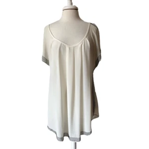Women's 1-2X Neutral Off White Blouse Sheer Black Beaded Holiday Glam Occasion - Picture 1 of 10