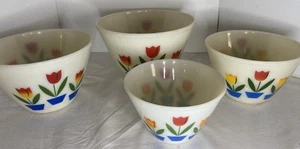 Vintage 50er Jahre Feuerkönig Elfenbein Tulpe verschachtelte Rührschüsseln 4er Set leuchtende Farben! - Bild 1 von 14