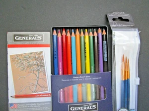 GENERAL'S KIMBERLY WATERCOLOR PENCILS SET of 12 w/ Gold Taklon Paintbrushes 3 pk - Picture 1 of 4