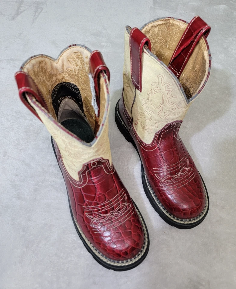 Botas femininas Ariat Fatbaby 7B crocodilo vermelho em relevo camurça marfim rodeio de vaqueira ocidental - Imagem 1 de 4
