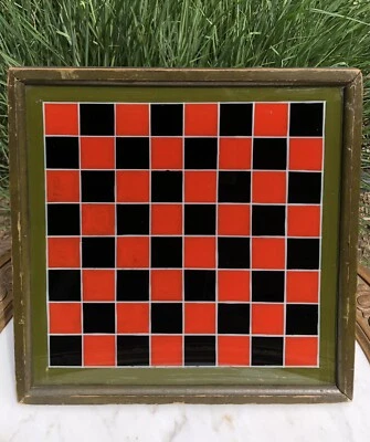 Antique Primitive Reverse Paint Glass & Wood Framed Checker Chess Game Board EX+ - Image 1 of 4