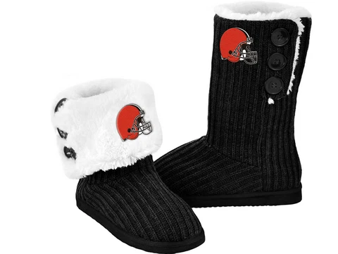 CLEVELAND BROWNS SLIPPER WOMENS XL 11 12 KNIT BUTTON BOOT SLIPPER FLEECE NEW NWT Cover