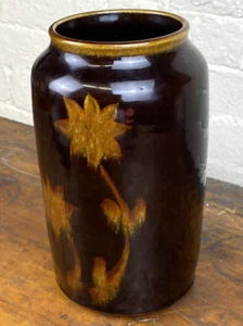 Vintage Brown Glazed Pot, Vase - Signed TURNER, Yellow Flowers, No Chips/Cracks! - Picture 1 of 12