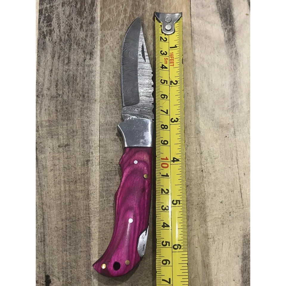 7英寸大马士革钢制折叠刀粉红色手柄战术野营口袋刀片 — 第 1/4 张图片