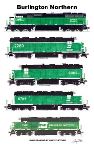 Póster de locomotoras Burlington Northern Whiteface 11"x17" firmado por Andy Fletcher - Imagen 1 de 1