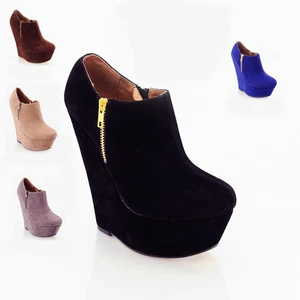Womens Platform Wedge Boots Ladies Slip On Zip Up Party High Heel Booties Shoes - Picture 1 of 1