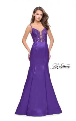 NEW LA FEMME mermaid dress prom majestic purple mikado beaded bodice v neck 6 - Image 1 of 4