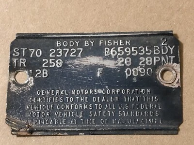 1970 Pontiac LeMans (23727) Body By Fisher Cowl Tag Data Plate Original Blue - Изображение 1 из 2