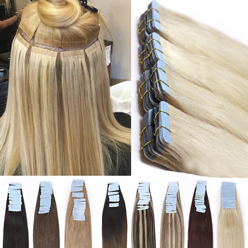 Thick 200g 80pcs Tape In Remy Human Hair Extensions Skin Weft FULL HEAD BLONDE F - Image 1 of 4