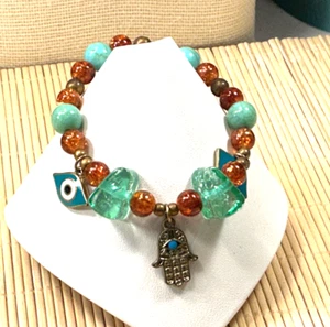 Fashion Bracelet Aqua Topaz Turquoise Crackle Glass Enamel Hamsa Stretch LOT 45A - Picture 1 of 3
