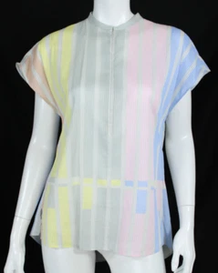 AKRIS Multicolor Striped Cotton Semi-Sheer Woven Zip-Front Blouse 6 - Picture 1 of 8