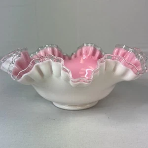 Fenton BRIDES BOWL Peach Crest Pink Overlay 10" Double Ruffled Glass - Picture 1 of 7
