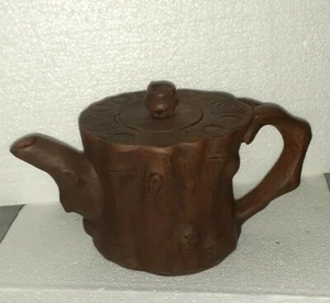 Vintage Authentic 1970s Clay Teapot Tree Stump Artist Marks on Lid & Base - Picture 1 of 11