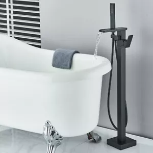 Black Waterfall Freestanding Bath Tub Filler Mixer Tap Hand Shower Floor Mounted - Picture 1 of 12