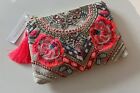 Accessorize Hand Beaded Floral Bohemian Mirror Embroidered Tassel Zip Pouch BNWT