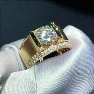 2.10 Ct Round-Cut Real Moissanite Men's Engagement Ring 14k Yellow Gold Plated - Picture 1 of 5