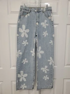 Pantalones de mezclilla para mujer azules talla 6 patrón de flores margaritas pierna ancha tiro alto - Imagen 1 de 12