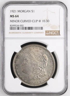 1921 NGC MS64 Minor Curved Clip @ 10:30 Morgan Silver Dollar Mint Error - Image 1 of 4