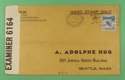 DR WHO 1940 SWITZERLAND SPORTS PICTORIAL CANCEL WWII CENSORED TO USA R14657 - Image 1 of 2