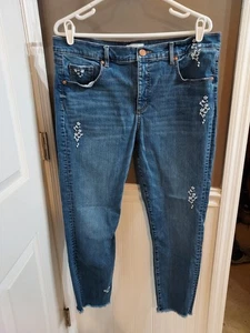 Pantalones de mezclilla Ann Taylor LOFT Made&Loved modernos ajustados lavados medianos azules talla 14 bordados - Imagen 1 de 9