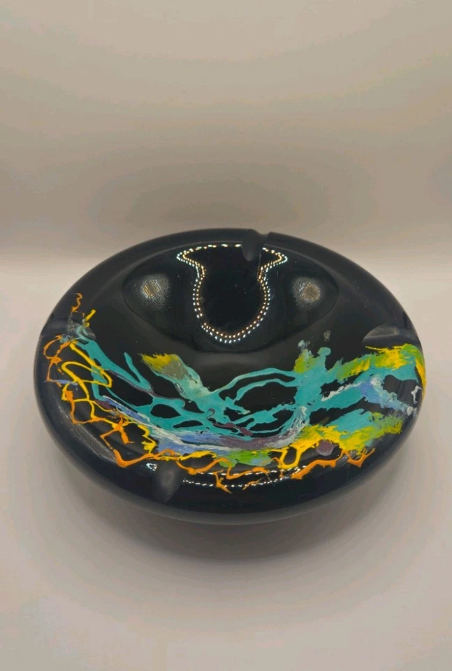 Large Black Glass Ashtray Wth Multi Coloured Splash Decoration.  Contemporary. - Image 1 of 4