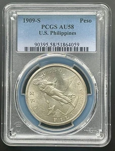 1909-S U.S. Philippines One Peso Silver Coin PCGS AU 58 - Picture 1 of 2