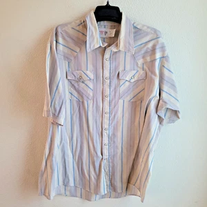 Vintage Saddle King Western Shirt Mens 3XL Tall 19.5 SS Blue Pearl Snap Striped - Picture 1 of 12