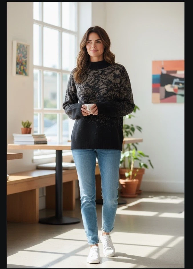 Athleta Pullover Sweater S Small Crew Wool Blend Jacquard Black #632069