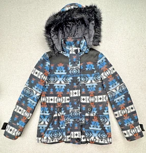 JOUJOU Blue Aztec Western Southwest Jacke Damen Medium Fellbesatz Kapuze abnehmbar - Bild 1 von 22