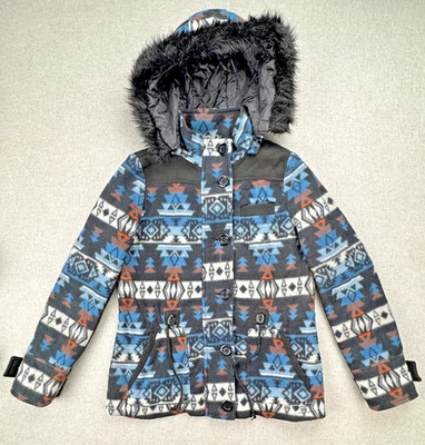 JOUJOU Blue Aztec Western Southwest Jacket Womens Medium Fur Trim Hood Removable - Image 1 of 4
