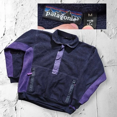 Vintage 90s Made In USA Patagonia Fleece 3/4 Zip Purple Black Two Tone Deep Pile - Image 1 of 4