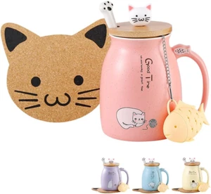 Cat Mug Cute Ceramic Coffee Cup with Lovely Kitty Wooden Lid Stainless Steel Spo - Picture 1 of 12