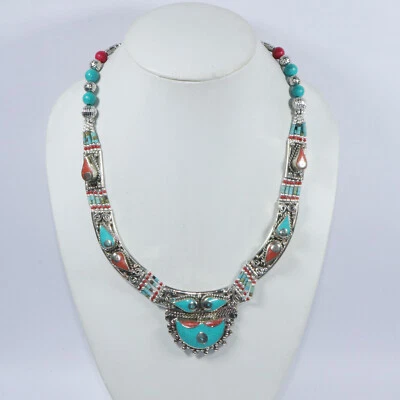 Colar feminino antigo tibetano nepalês persa boho turquesa joia N91 - Imagem 1 de 4