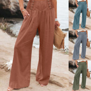 Women's Long Pants Cotton Linen Wide Leg Solid Elasticated Waist Trousers Summer