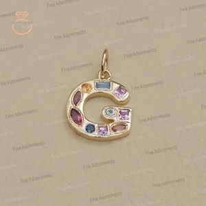 Colgante con inicial G de piedras preciosas de zafiro múltiple natural oro macizo de 14 k Dije Joyería - Imagen 1 de 10