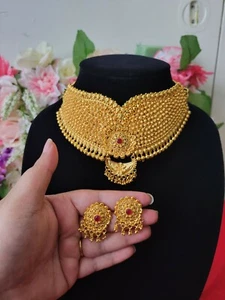 22k Gold plated Earrings Jhumke Jhumka Indian Nepali Bollywood Bridal Necklace - Picture 1 of 7