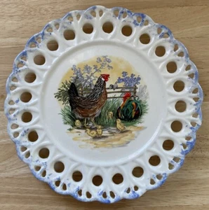 Vtg Handmade Ceramic Reticulated Plate Decor Chickens Grandma Core Kitschy 1996 - Picture 1 of 4