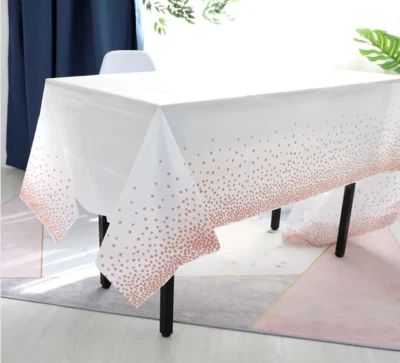 8 Pack Disposable Plastic Rose Gold Confetti Tablecloths Dots 54"x108" 8ft Table - Image 1 of 4