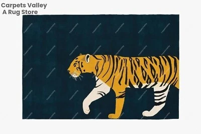 Exclusive Tiger Print Blue Hand Tufted Wool Handmade Area Rug Carpet for Room - Image 1 of 4