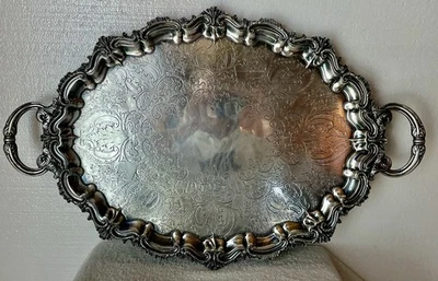 LARGE ANTIQUE SILVER PLATED ETCHED BUTLERS TRAY HANDLED ORNATE PIERCED 17"x27" - Image 1 of 4