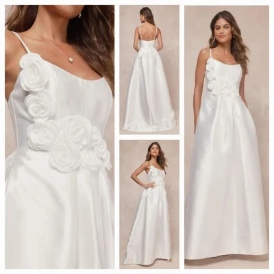 Nuevo Maxi Vestido LULUS Mujer (L) Dreamy Forever Blanco Tafetán Roseta con Bolsillos Foto 1 de 4