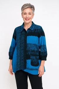 ALI MILES Shirt Oberteil Bluse Tunika Colorblock blau schwarz 3/4 Arm Freizeit L - Bild 1 von 7