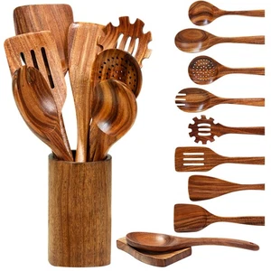 Holzlöffel zum Kochen, natürliches Teakholz Utensilien Set, 10 Stück handgefertigt... - Bild 1 von 6