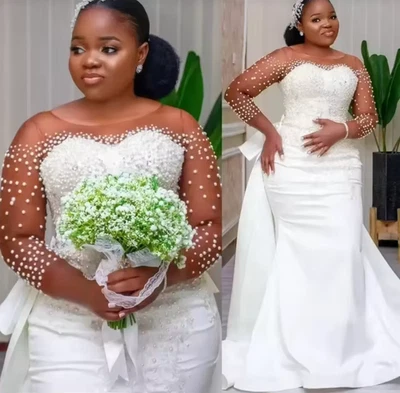 Luxury Pearls Plus Size Mermaid Wedding Gowns With Detachable Train Lace - Image 1 of 4