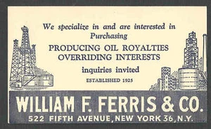 DATIERT 1959 PC NY WM F FERRIS CO KAUF VON ÖLLIZENZGEBÜHREN & ÜBERGEORDNETE INTERESSEN - Bild 1 von 1
