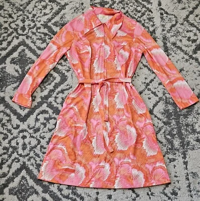 Vestido vintage década de 1970 rosa e laranja flutterbye com zíper frontal - Imagem 1 de 4