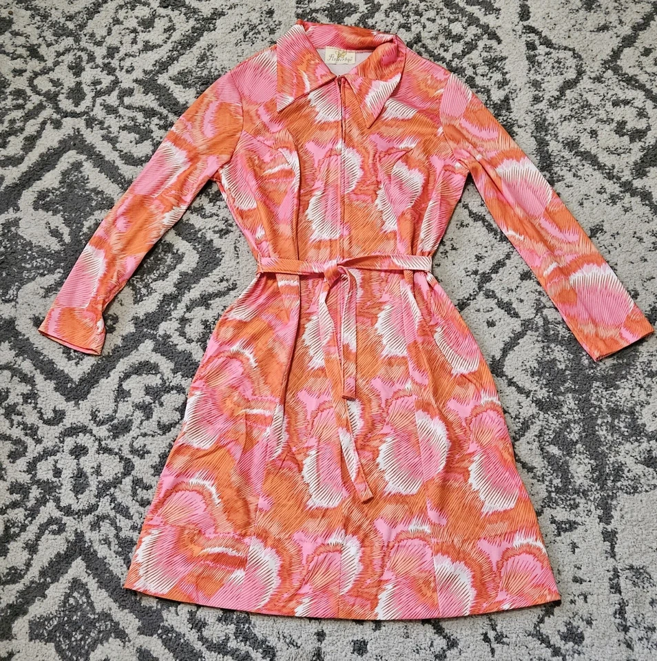 Vestido vintage década de 1970 rosa e laranja flutterbye com zíper frontal - Imagem 1 de 4