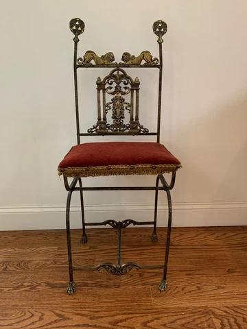 Antique European Vanity Chair Stool Brass Metal Burgundy Mohair David Barrett Cover