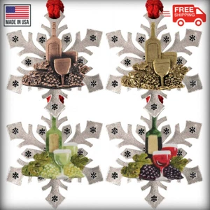 Pewter Wine Bottle & Glass Snowflake Christmas Tree Ornaments, Made in the USA - Picture 1 of 6