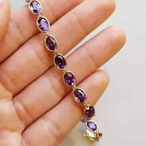 10 Ct Oval Cut Lab Created Tennis Amethyst Bracelet Gift 14K Ye Gold Plated 7.5" - Picture 1 of 4